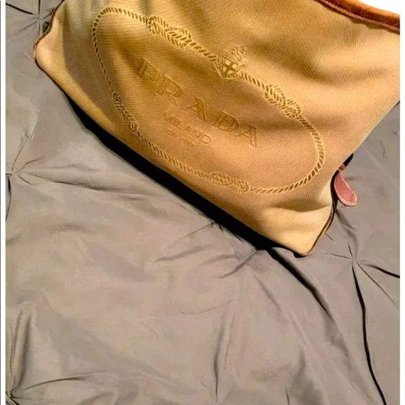 Prada Large Logo Jacquard Canvas Tote Hand Bag Brown Authentic. EUC! - Picture 7 of 7
